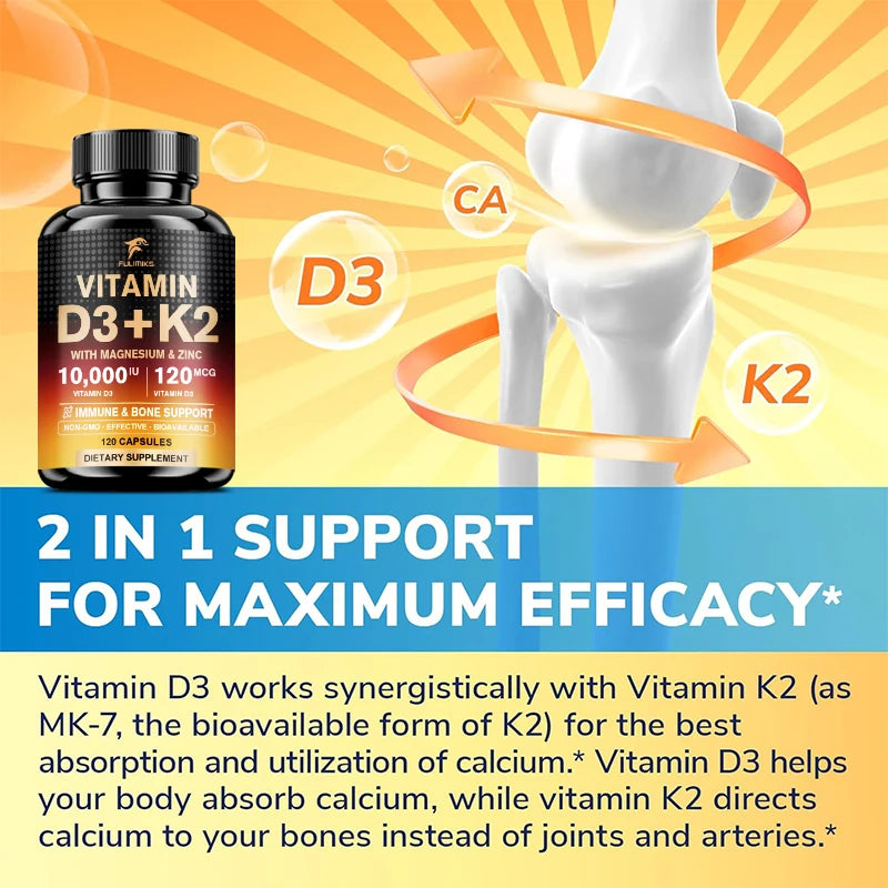 High Vitamin D3 K2 10000 IU Capsules, with Magnesium Blend & Vitamin, Support Immune, Heart, Joint, Teeth & Bone Health