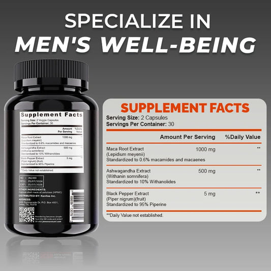 Organic Maca Root Powder Capsules 1500mg containing Maca Root Extract,Ashwagandha,Black Pepper, Supplements for Men
