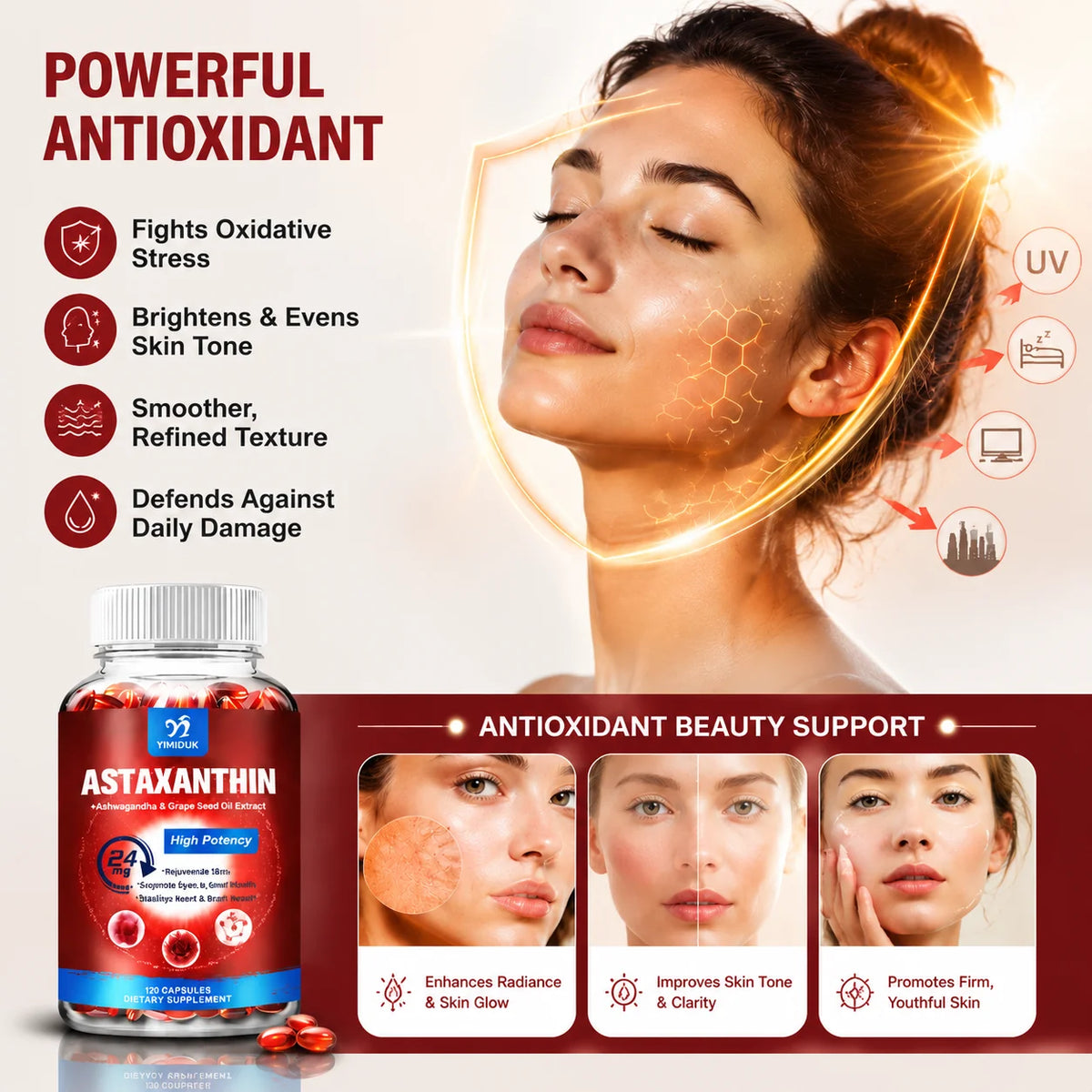 Astaxanthin Capsules - 24mg - Powerful Antioxidant Supplement Support Eye, Skin, Joint, Heart, Brain & Immune System Health