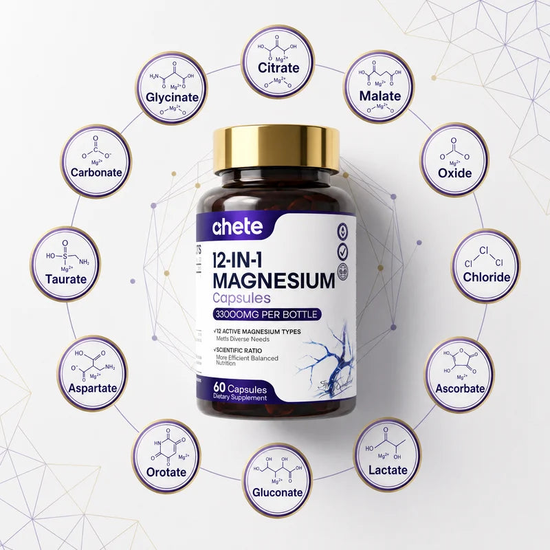 AHETE 12-in-1 Magnesium Capsules - Comprehensive Supplementation Of 12 Forms Of Magnesium