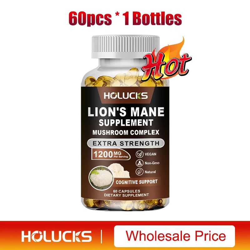 Lion's Mane Mushroom Complex Capsules, for Focus Support & Immune Health, Improve Memory, Protect Brain Nerves, Relieve Stress