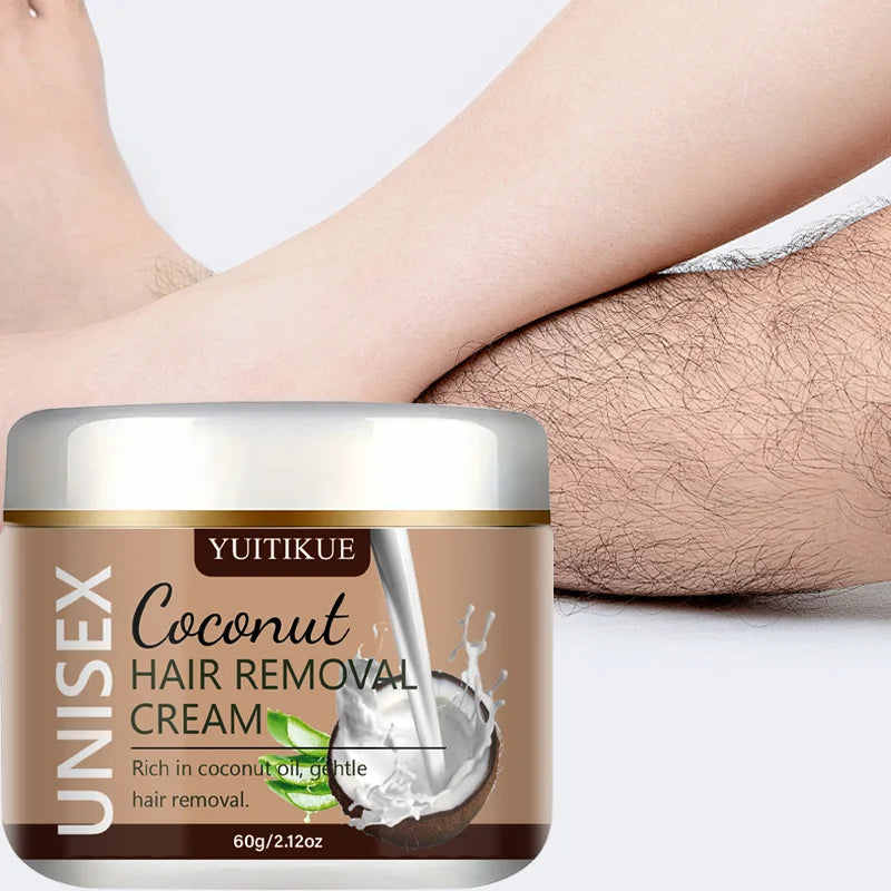 YUITIKUE Unisex Coconut Hair Removal Cream - Dissolves Hair Roots, No Stubble for Silky Smooth Skin 60g