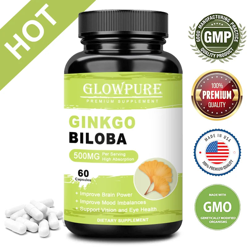 Ginkgo Biloba Extract Capsules for Brain Cognitive Memory, Relieve Anxiety Depression, Mood Balance Supplement Premium Non-GMO
