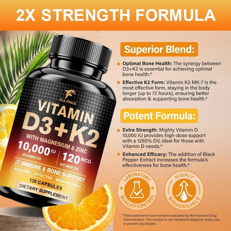 High Vitamin D3 K2 10000 IU Capsules, with Magnesium Blend & Vitamin, Support Immune, Heart, Joint, Teeth & Bone Health