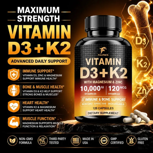 High Vitamin D3 K2 10000 IU Capsules, with Magnesium Blend & Vitamin, Support Immune, Heart, Joint, Teeth & Bone Health