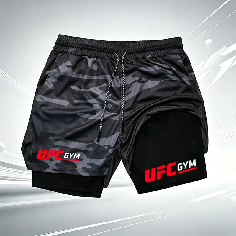 Men's UFC GYM 2-in-1 Compression Shorts Quick Dry Breathable Running Gym Training Shorts with Built-in Liner
