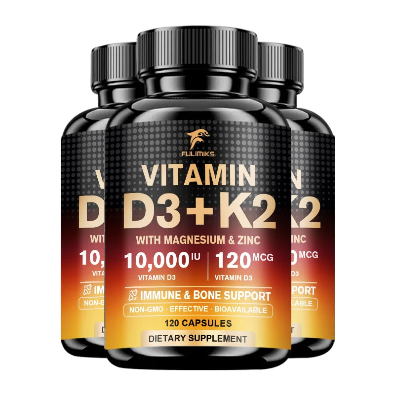 High Vitamin D3 K2 10000 IU Capsules, with Magnesium Blend & Vitamin, Support Immune, Heart, Joint, Teeth & Bone Health