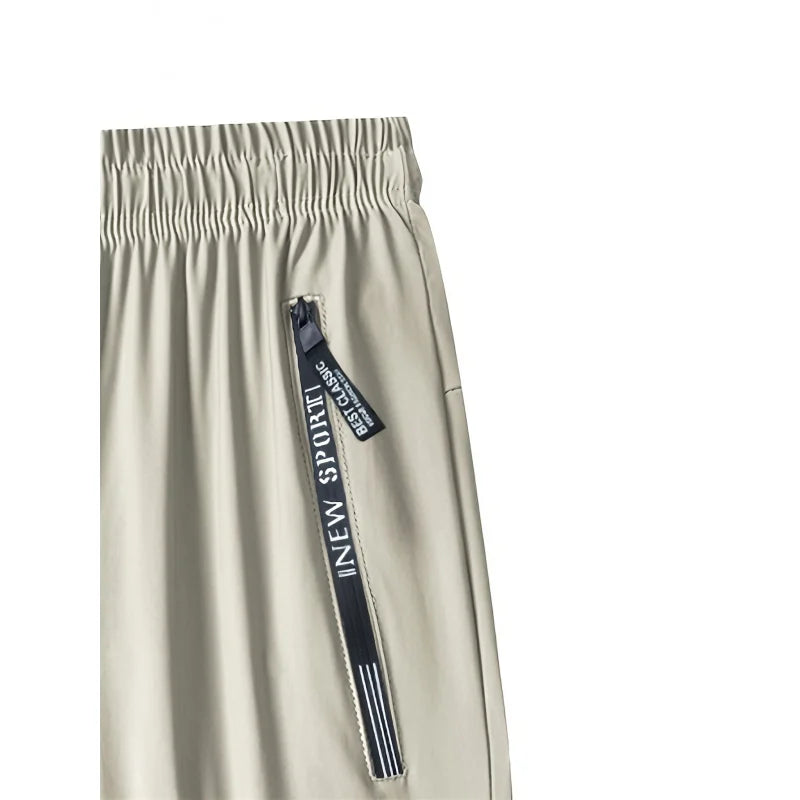 Men's Ice Silk Trousers With High Elasticity And Comfortable Zipper Pockets Casual Training Sports Trousers Sweatpants Man Gift