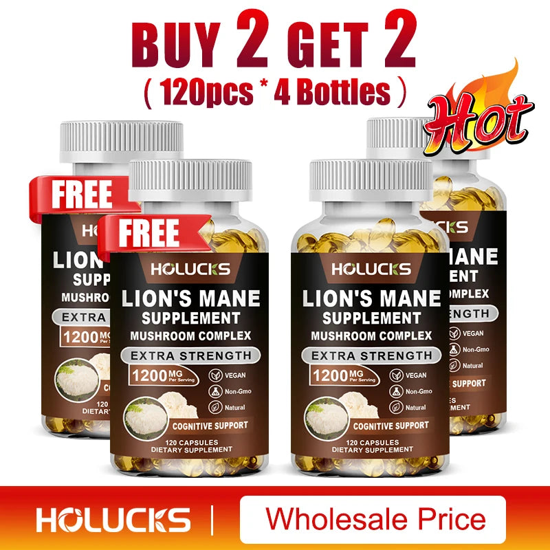 Lion's Mane Mushroom Complex Capsules, for Focus Support & Immune Health, Improve Memory, Protect Brain Nerves, Relieve Stress