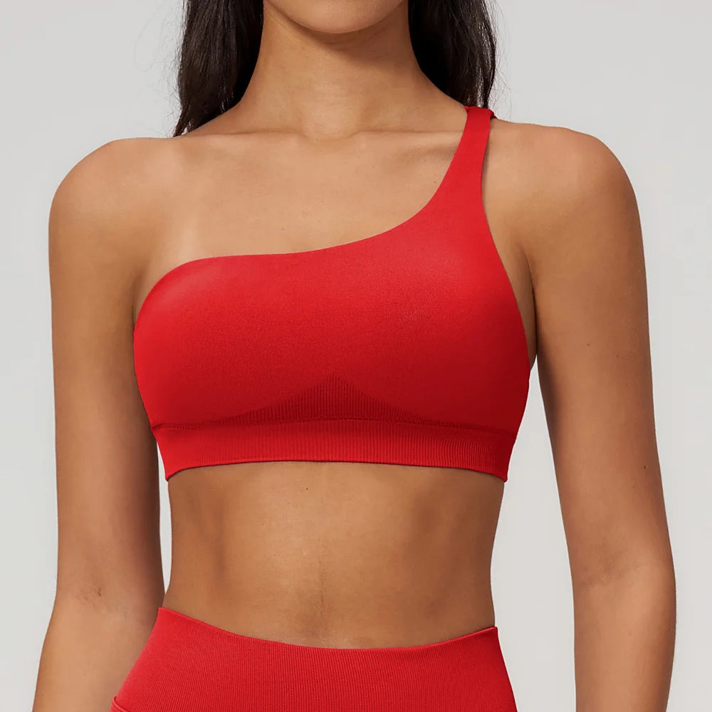 Shockproof Yoga Bra One Shoulder Irregular Shoulder Strap Female Fitness Push Up Sports Underwear Hollow-out Slim Ventilate Bra