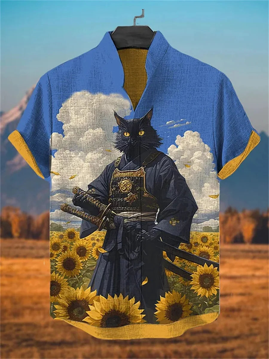 Men's ink-wash style samurai cat print short-sleeved shirt, stand-up collar casual men's top, outdoor casual Hawaiian shirt.