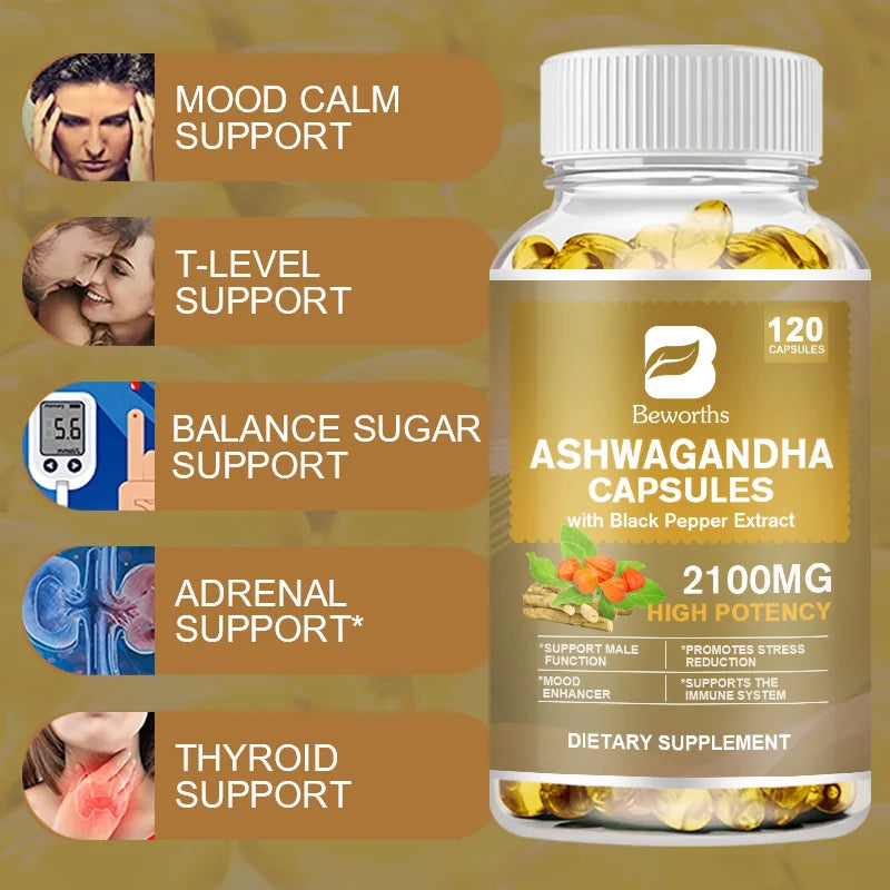 BEWORTHS Ashwagandha Root Extract Capsule Help Sleep Improve Sleep Quality Calm Down Emotions Relieve Anxiety Mood Health
