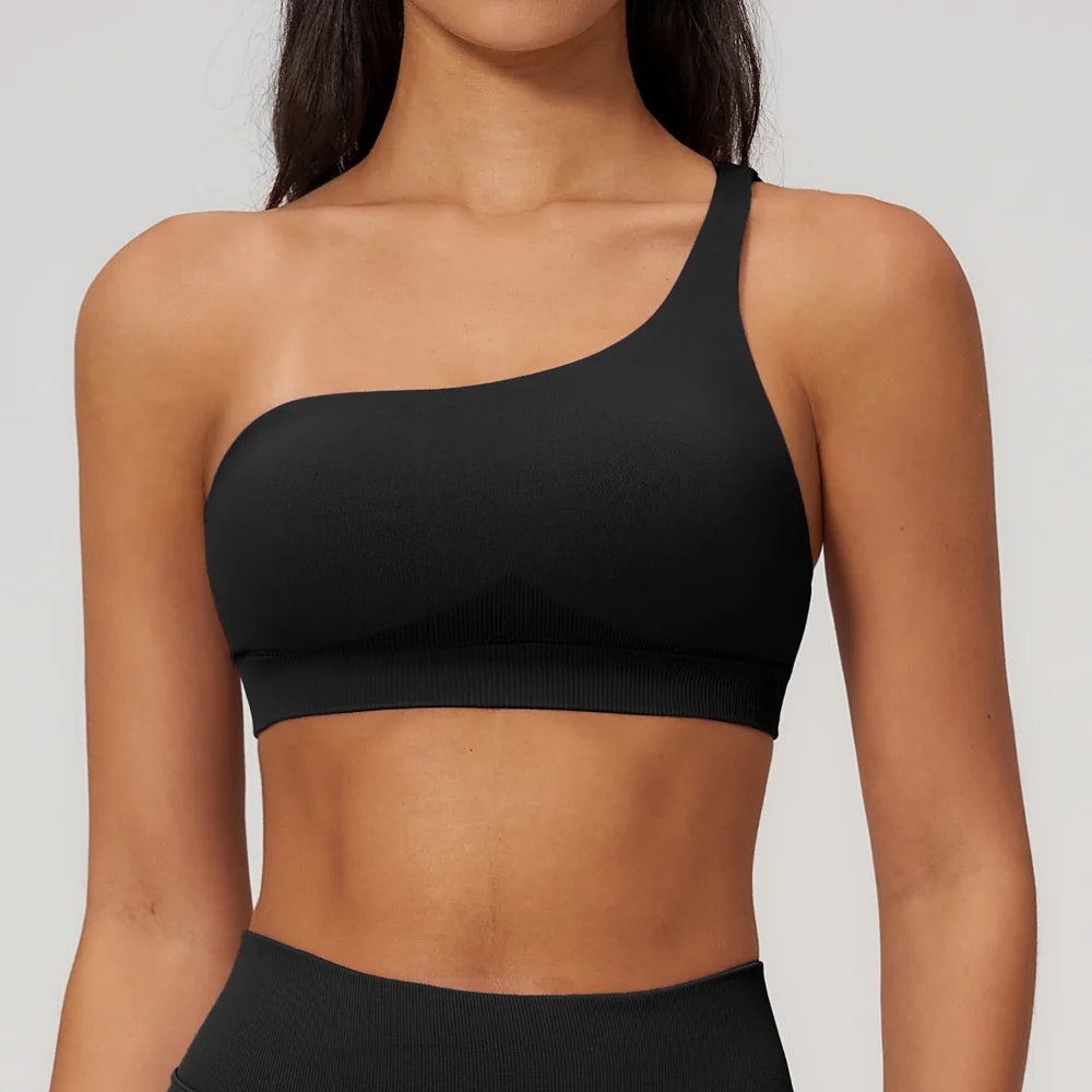 Shockproof Yoga Bra One Shoulder Irregular Shoulder Strap Female Fitness Push Up Sports Underwear Hollow-out Slim Ventilate Bra