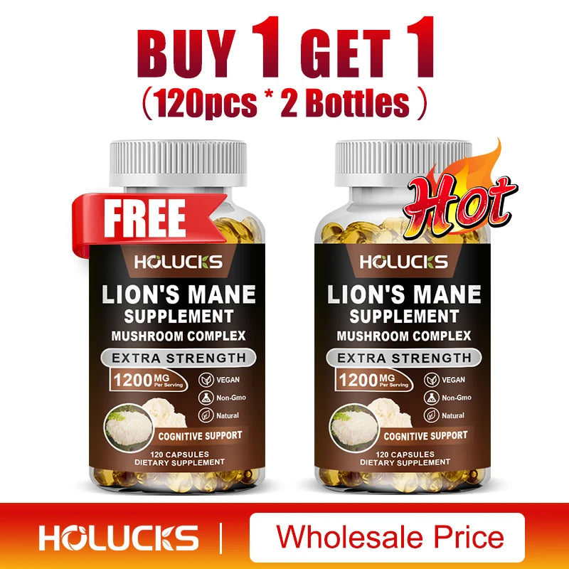 Lion's Mane Mushroom Complex Capsules, for Focus Support & Immune Health, Improve Memory, Protect Brain Nerves, Relieve Stress