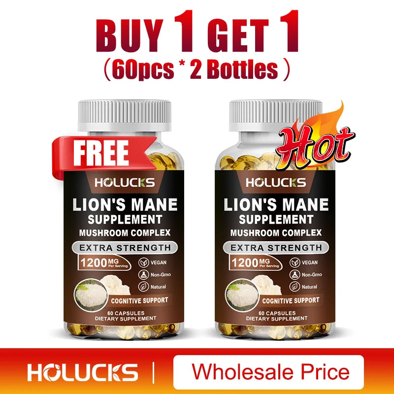 Lion's Mane Mushroom Complex Capsules, for Focus Support & Immune Health, Improve Memory, Protect Brain Nerves, Relieve Stress