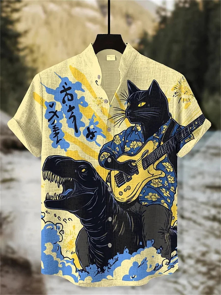 Men's ink-wash style samurai cat print short-sleeved shirt, stand-up collar casual men's top, outdoor casual Hawaiian shirt.