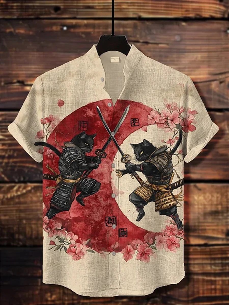 Men's ink-wash style samurai cat print short-sleeved shirt, stand-up collar casual men's top, outdoor casual Hawaiian shirt.