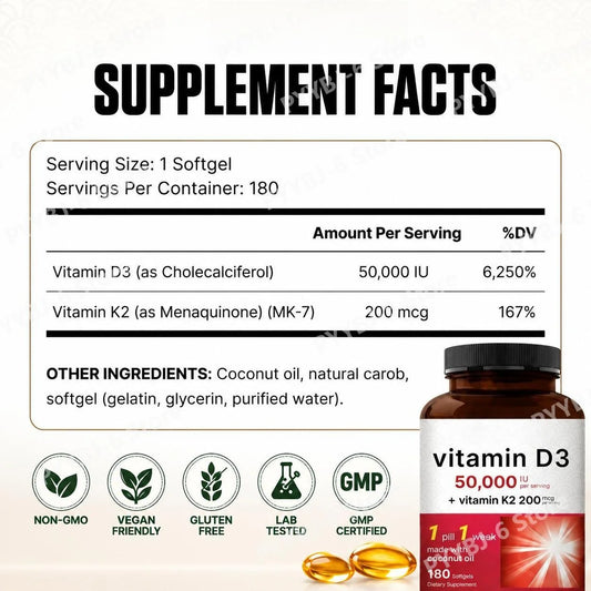 Vitamin D3 + Vitamin K2 Softgels Supports Calcium Absorption and Bones 50,000 IU D3 and 200 Mcg MK-7 K2 180 Softgels
