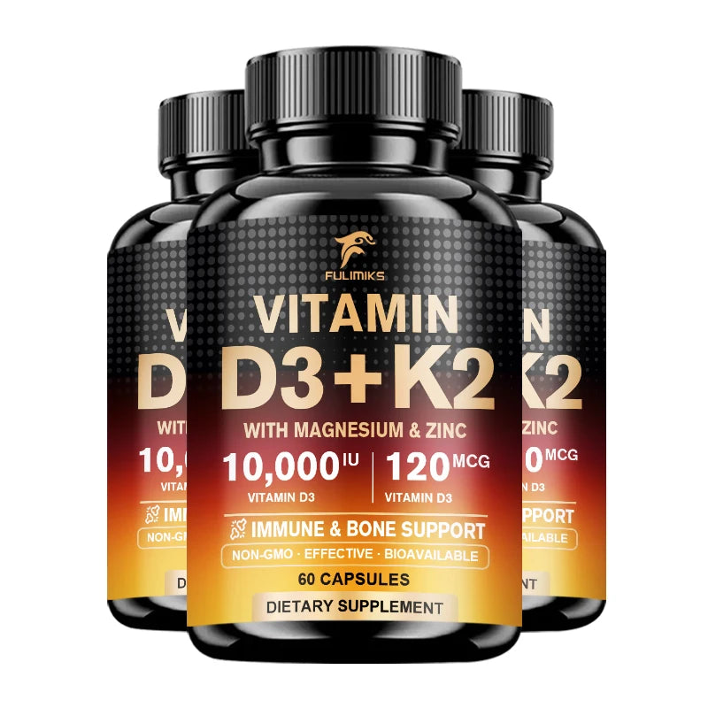 High Vitamin D3 K2 10000 IU Capsules, with Magnesium Blend & Vitamin, Support Immune, Heart, Joint, Teeth & Bone Health