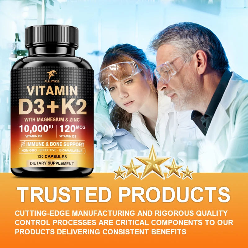 High Vitamin D3 K2 10000 IU Capsules, with Magnesium Blend & Vitamin, Support Immune, Heart, Joint, Teeth & Bone Health