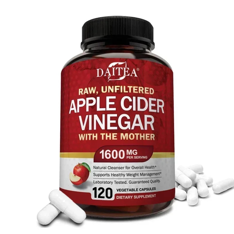 Raw Organic Apple Cider Vinegar (with Mother Vinegar) - Gut Health, Digestion, Weight Management - Natural Vegetarian Capsules