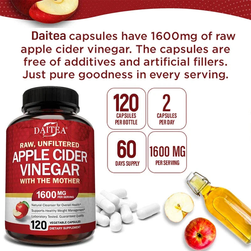 Raw Organic Apple Cider Vinegar (with Mother Vinegar) - Gut Health, Digestion, Weight Management - Natural Vegetarian Capsules