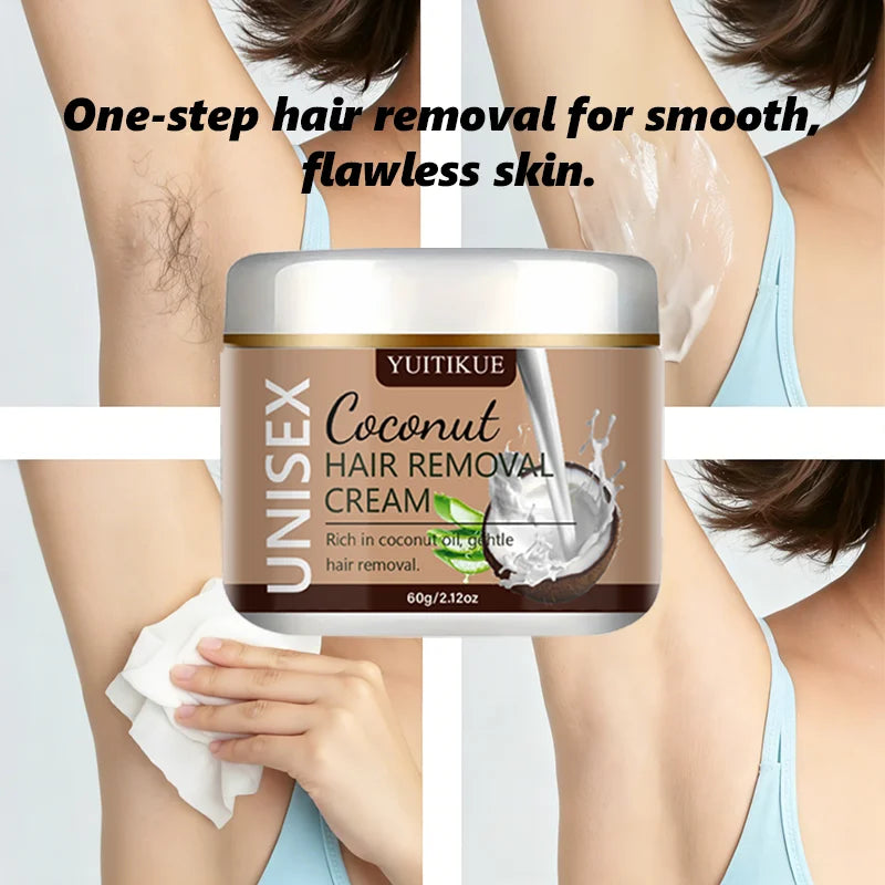YUITIKUE Unisex Coconut Hair Removal Cream - Dissolves Hair Roots, No Stubble for Silky Smooth Skin 60g