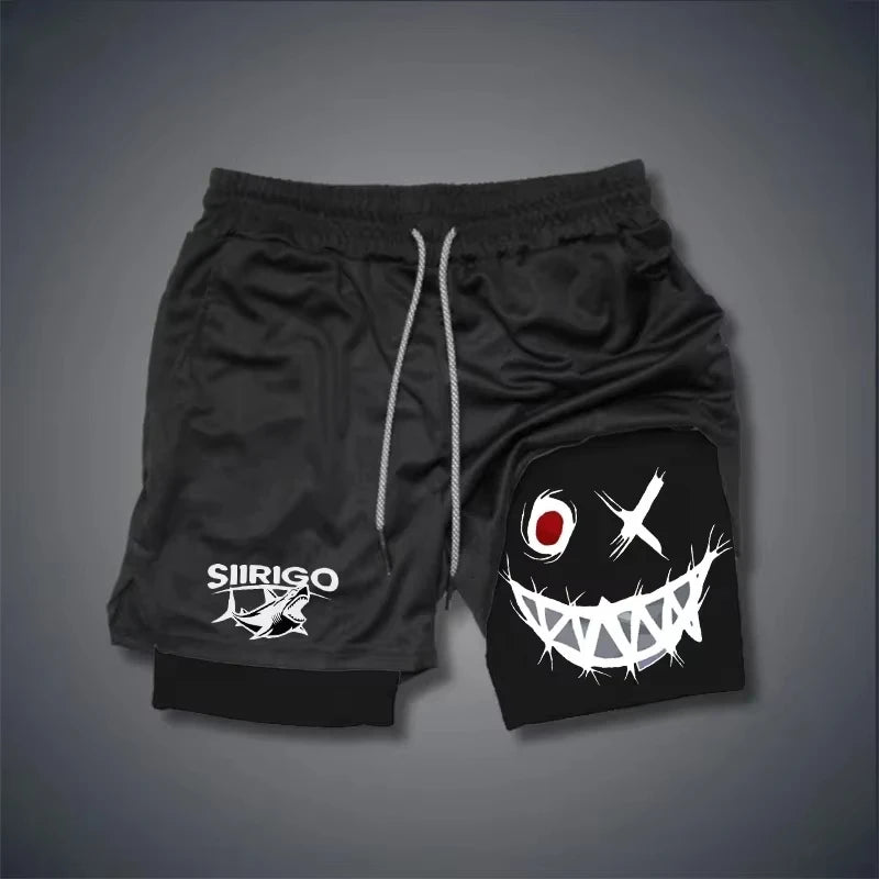 2024 Men's Smiling Face Printed Fitness Shorts Double-Layer 2-in-1 Quick Drying Fitness Outdoor Leisure Training Sports Shorts