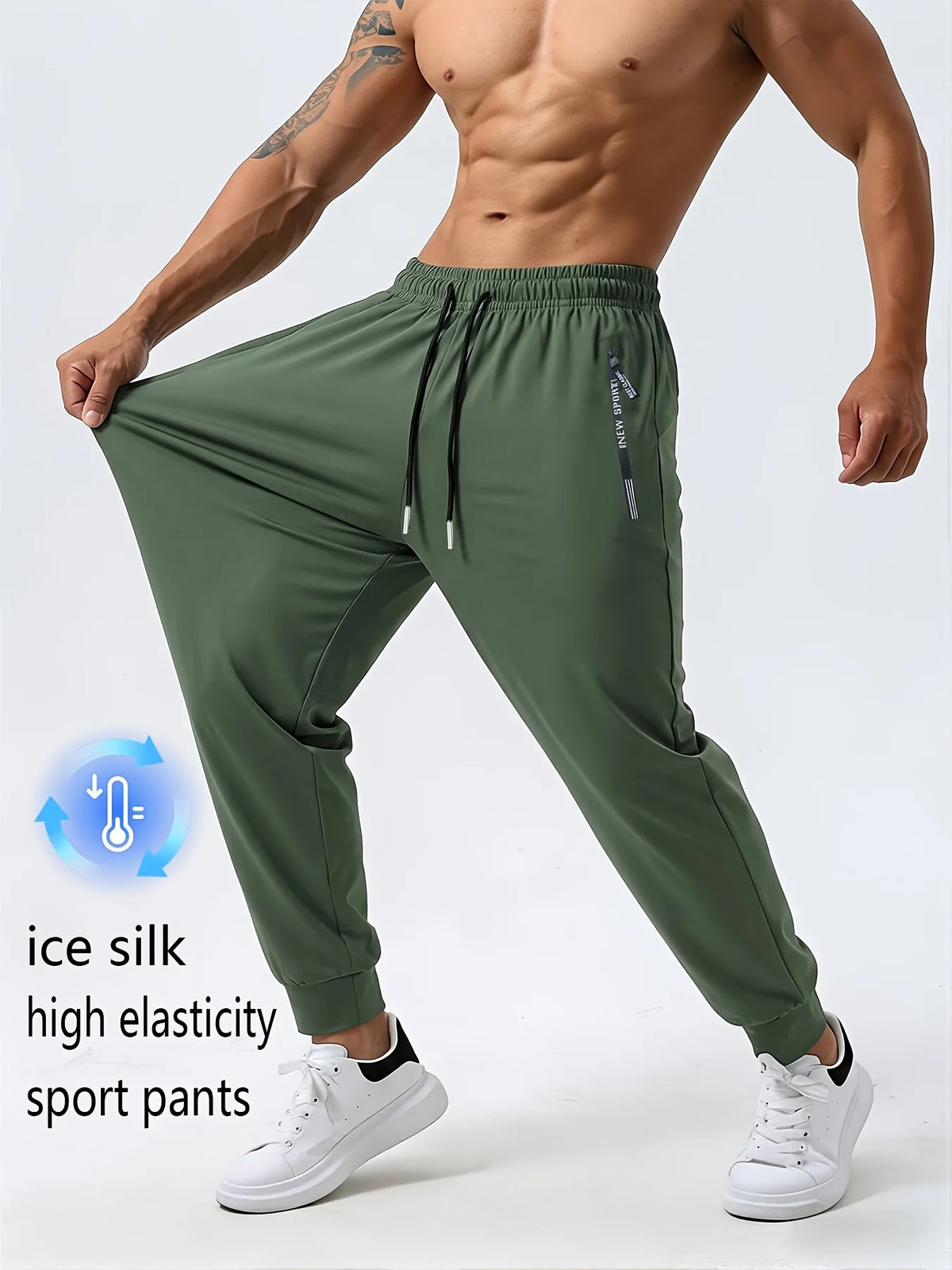 Men's Ice Silk Trousers With High Elasticity And Comfortable Zipper Pockets Casual Training Sports Trousers Sweatpants Man Gift