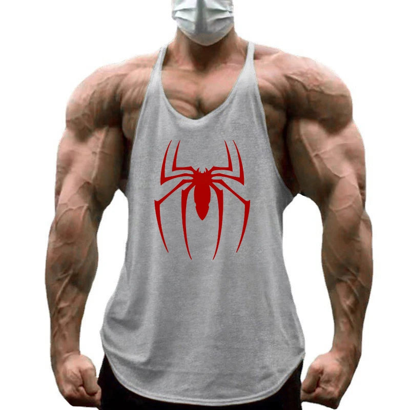 Red Spider Printed Sleeveless Cotton Y-back Tank Tops Gym Fitness Bodybuilding Sport Shirts Breathable Mens Workout Muscle Vests