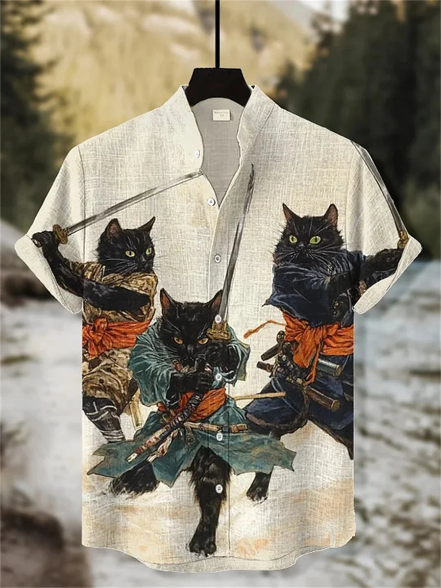 Men's ink-wash style samurai cat print short-sleeved shirt, stand-up collar casual men's top, outdoor casual Hawaiian shirt.