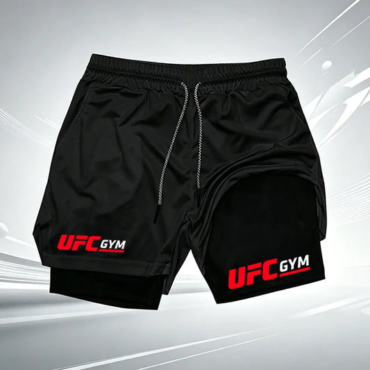 Men's UFC GYM 2-in-1 Compression Shorts Quick Dry Breathable Running Gym Training Shorts with Built-in Liner