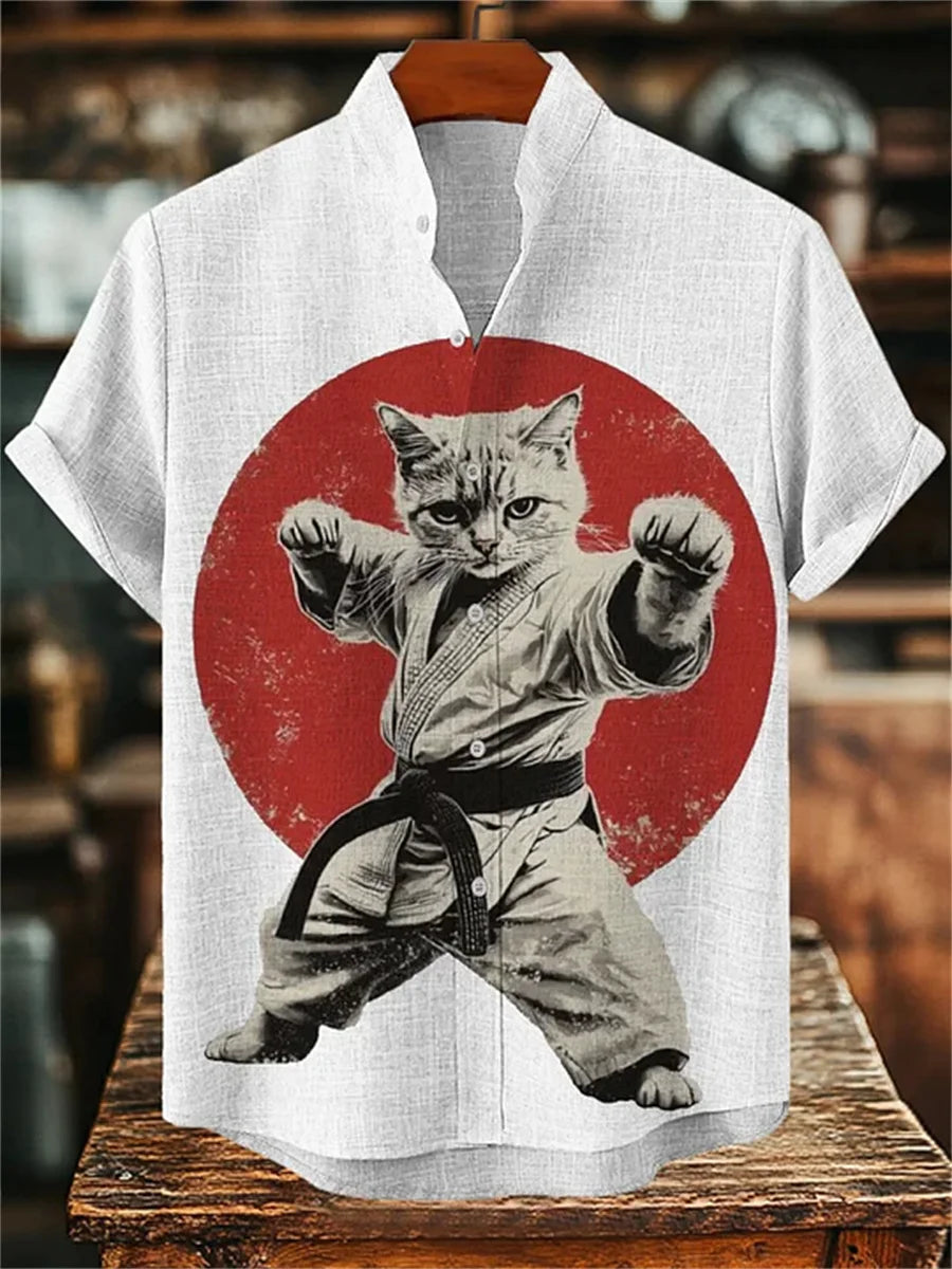 Men's ink-wash style samurai cat print short-sleeved shirt, stand-up collar casual men's top, outdoor casual Hawaiian shirt.