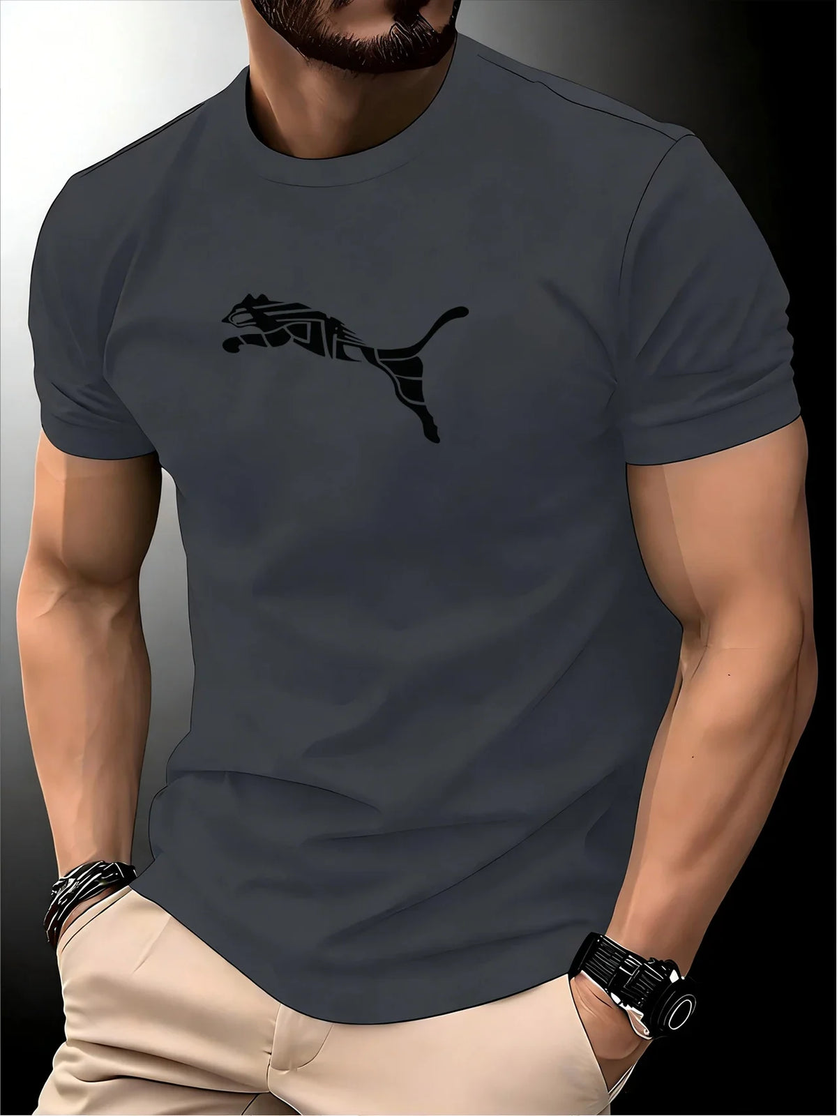 New Summer Luxury Men's Fashion Fox Leopard Print T-shirt Crewneck Casual High-end Fitness Sports T-shirt