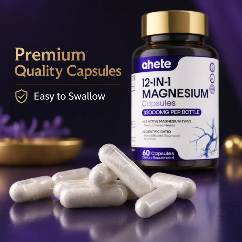 AHETE 12-in-1 Magnesium Capsules - Comprehensive Supplementation Of 12 Forms Of Magnesium