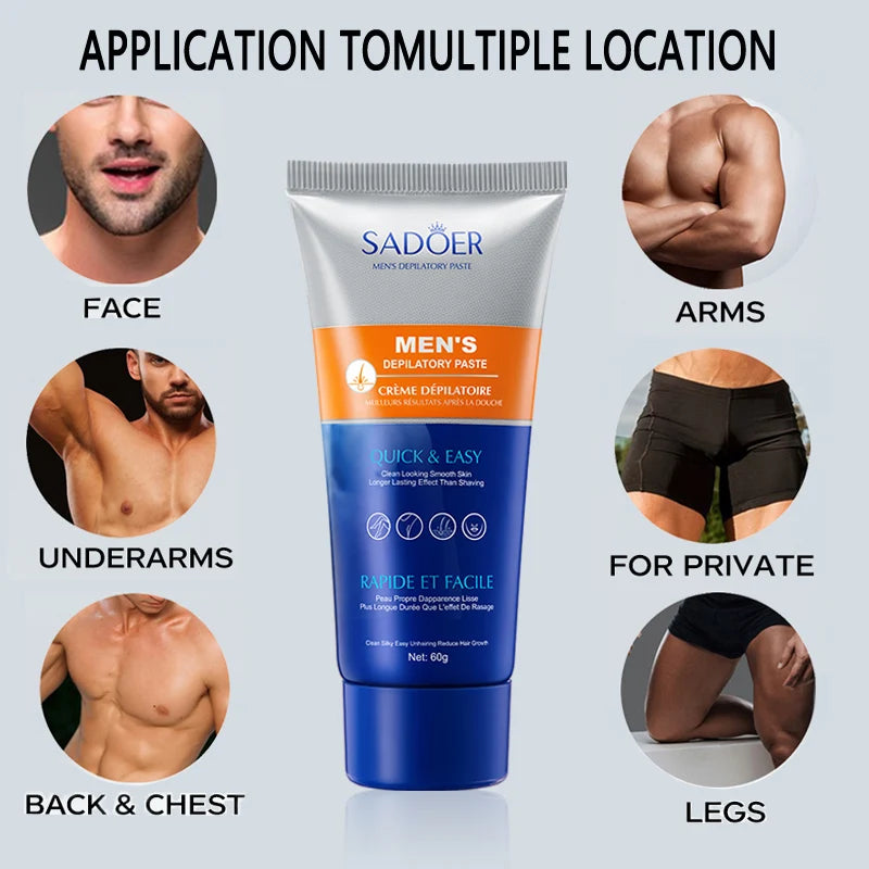 SADOER Men's Painless Hair Removal Cream, a fast-acting and gentle hair removal agent that moisturizes and soothes the skin