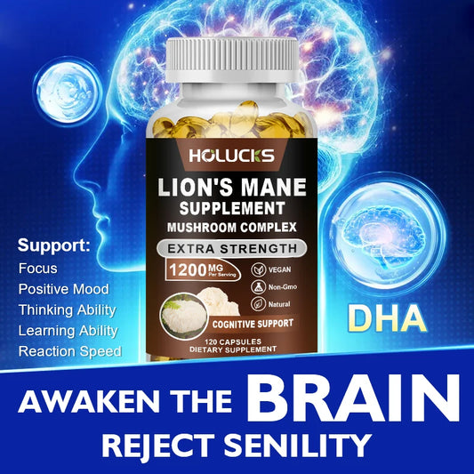 Lion's Mane Mushroom Complex Capsules, for Focus Support & Immune Health, Improve Memory, Protect Brain Nerves, Relieve Stress