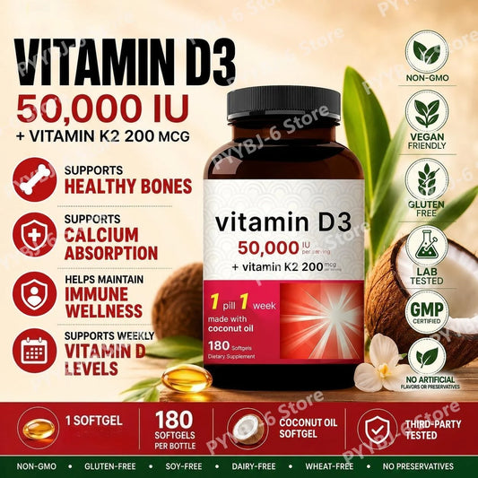Vitamin D3 + Vitamin K2 Softgels Supports Calcium Absorption and Bones 50,000 IU D3 and 200 Mcg MK-7 K2 180 Softgels