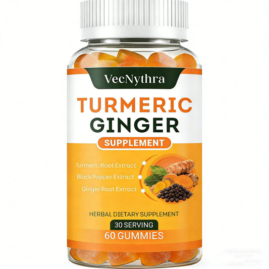 VecNythra 60pcs Turmeric Ginger Gummies Supplement with Ginger Black Pepper Promotes Joint Health Supports Digestive Immune Health Vegan Tropical Flavour
