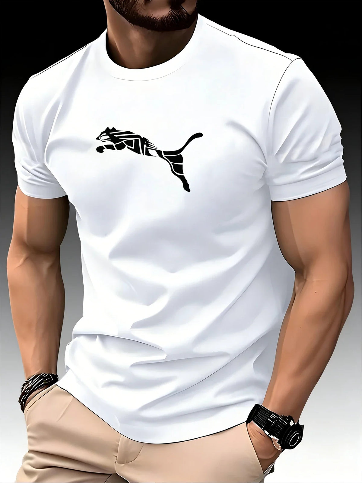 New Summer Luxury Men's Fashion Fox Leopard Print T-shirt Crewneck Casual High-end Fitness Sports T-shirt