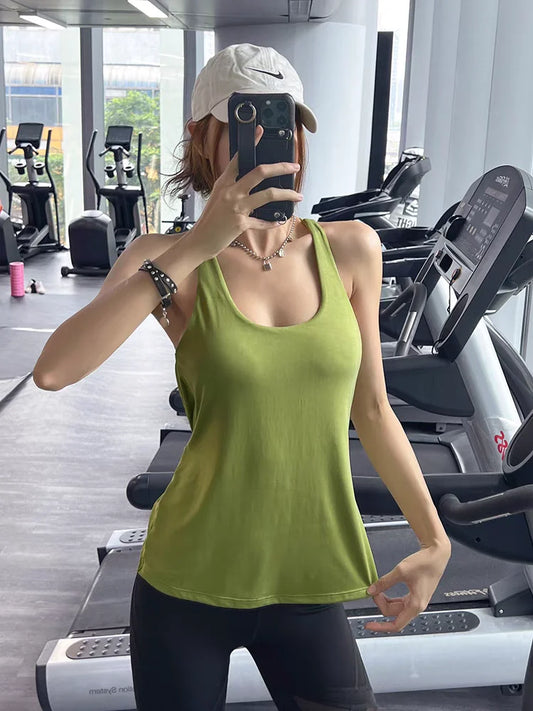 Women's Yoga Back Vest Shockproof Running Sports Bra Quick Drying Breathable Fitness Top Shirt with Chest Cushion for Summer