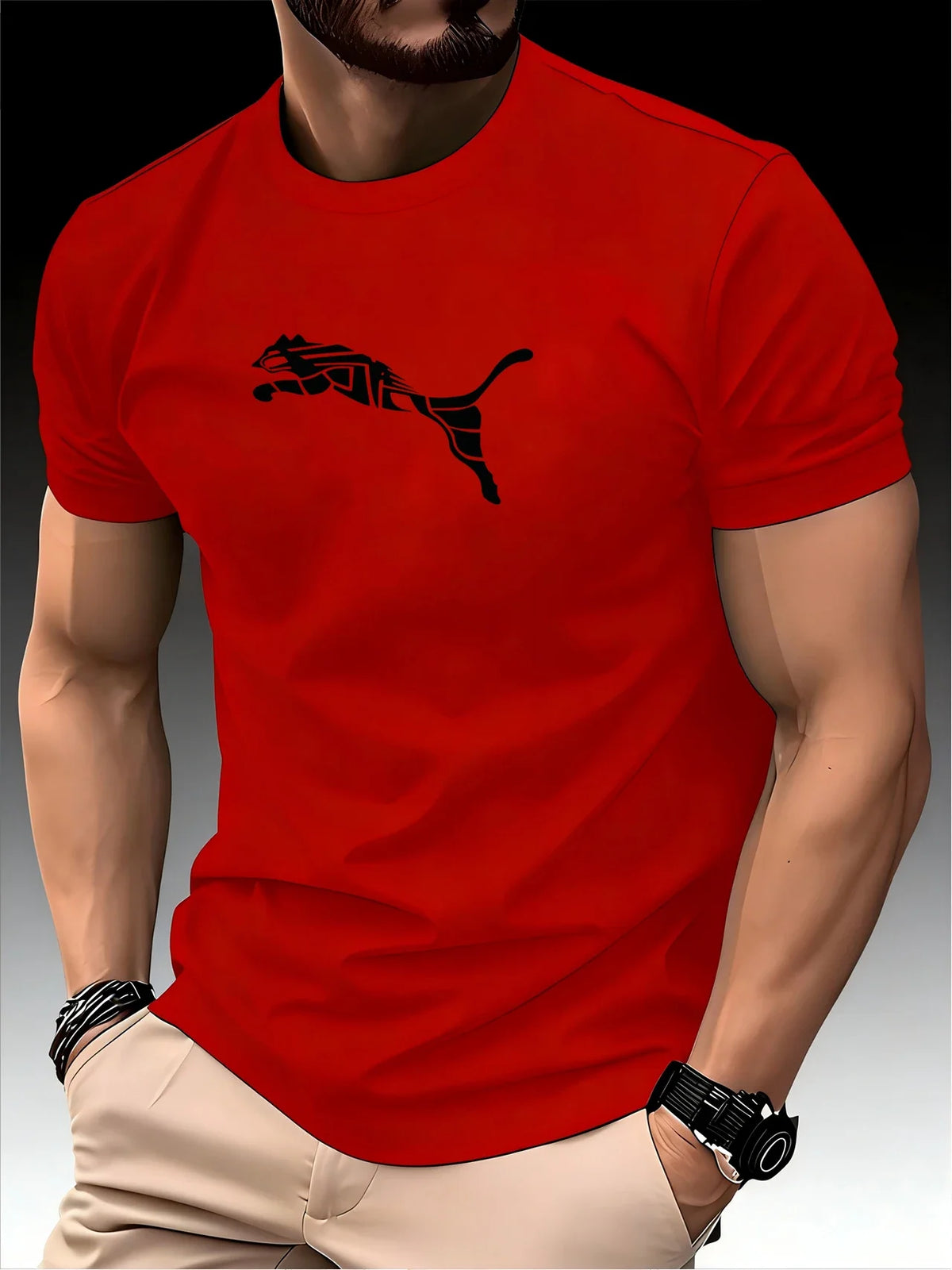 New Summer Luxury Men's Fashion Fox Leopard Print T-shirt Crewneck Casual High-end Fitness Sports T-shirt
