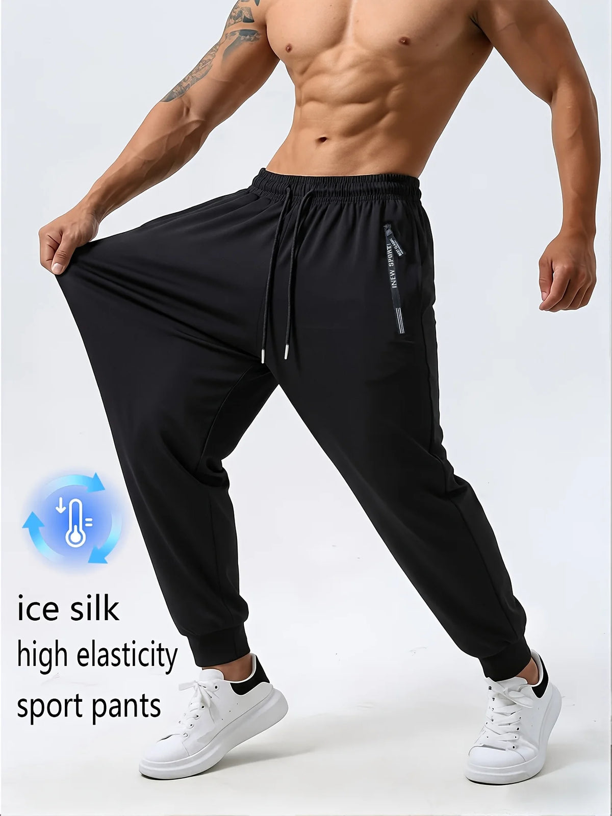 Men's Ice Silk Trousers With High Elasticity And Comfortable Zipper Pockets Casual Training Sports Trousers Sweatpants Man Gift