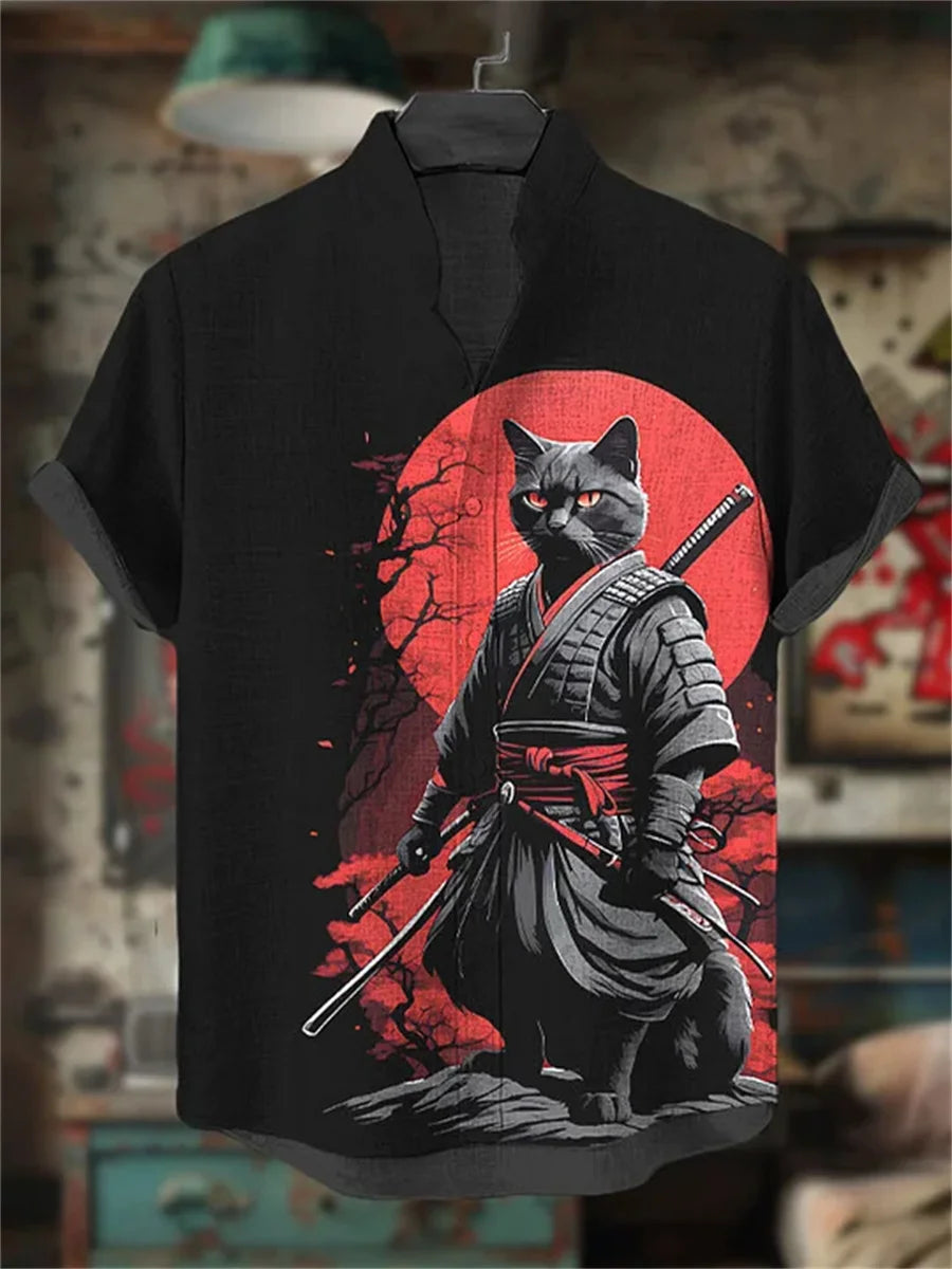 Men's ink-wash style samurai cat print short-sleeved shirt, stand-up collar casual men's top, outdoor casual Hawaiian shirt.