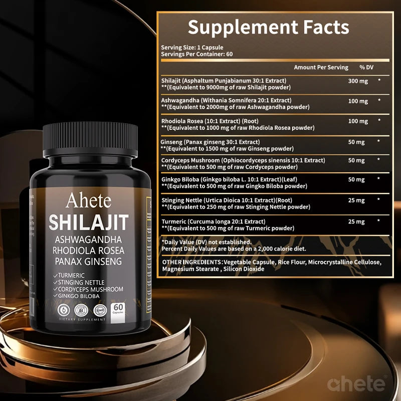 Ahete Shilajit Energy Supplement | 10 Herbal Extracts From The Himalayan Premium Shilajit, Ginseng, Ginkgo, Nettle, Turmeric.