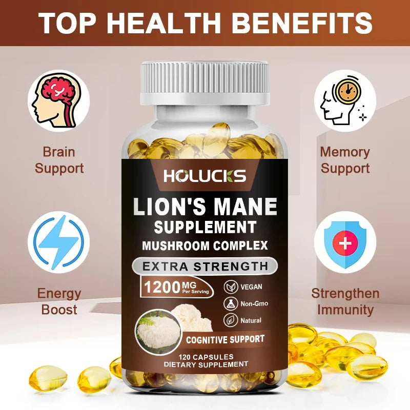 Lion's Mane Mushroom Complex Capsules, for Focus Support & Immune Health, Improve Memory, Protect Brain Nerves, Relieve Stress