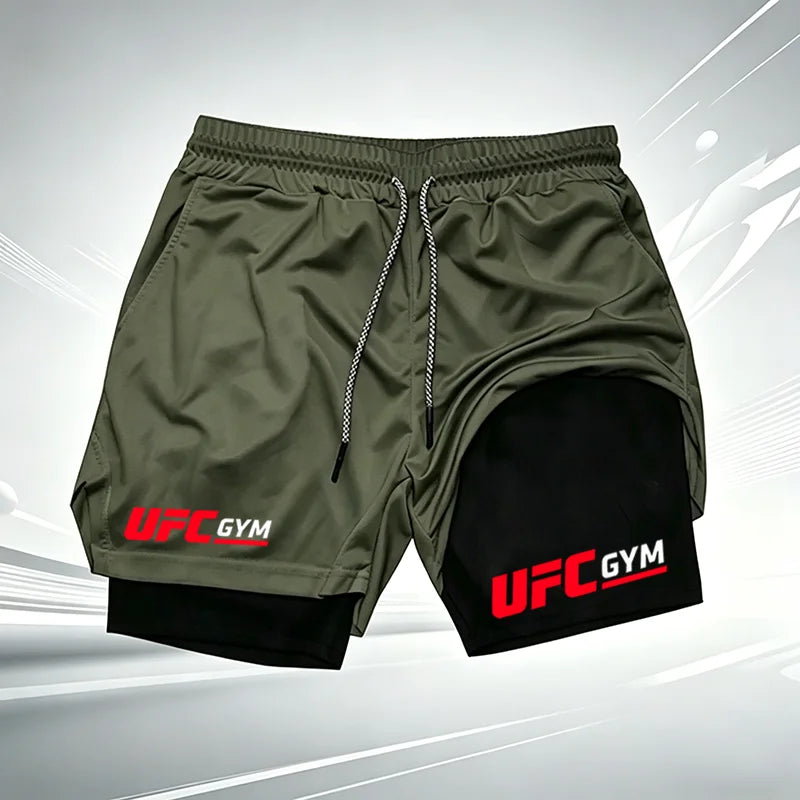 Men's UFC GYM 2-in-1 Compression Shorts Quick Dry Breathable Running Gym Training Shorts with Built-in Liner