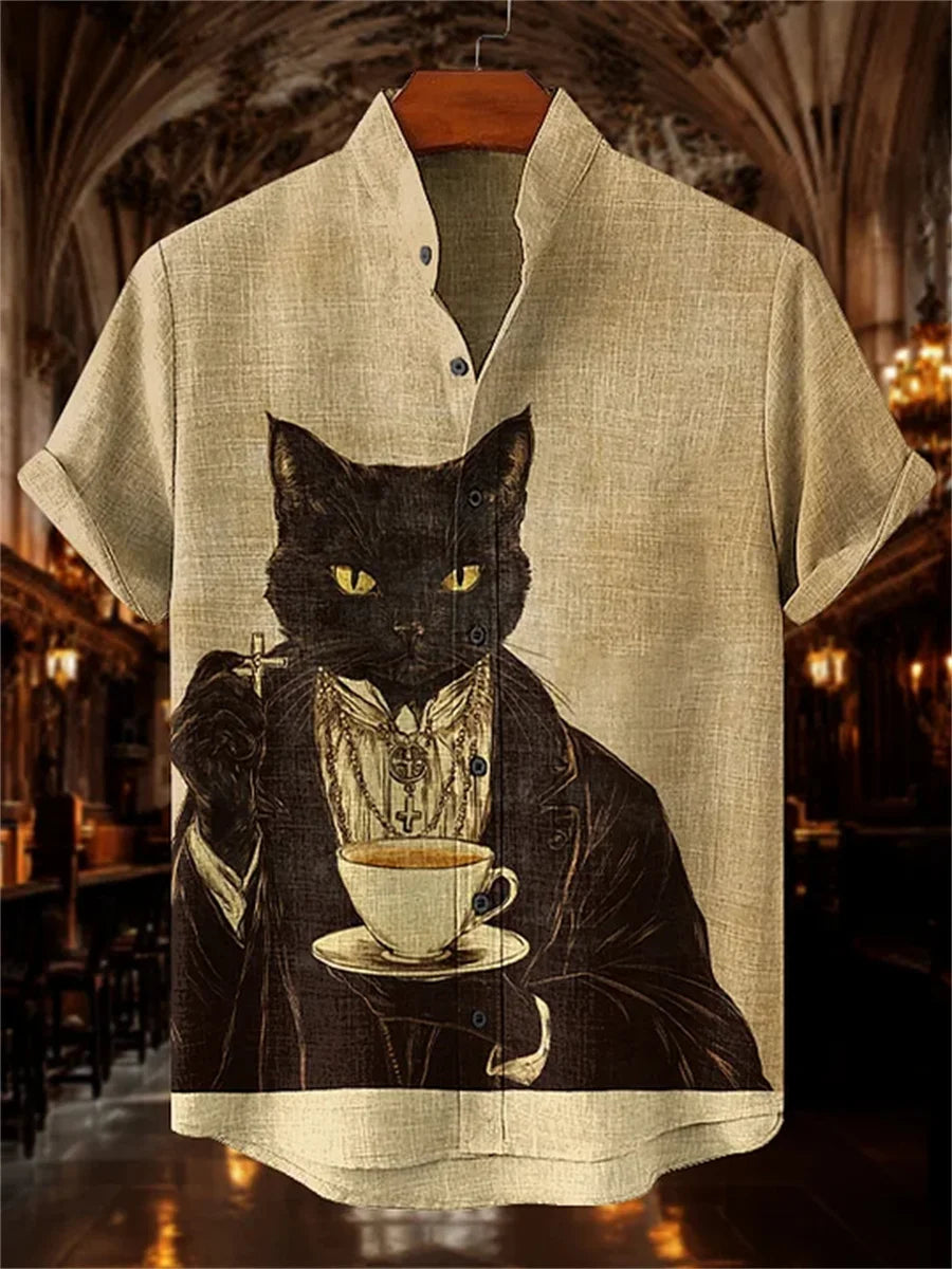 Men's ink-wash style samurai cat print short-sleeved shirt, stand-up collar casual men's top, outdoor casual Hawaiian shirt.