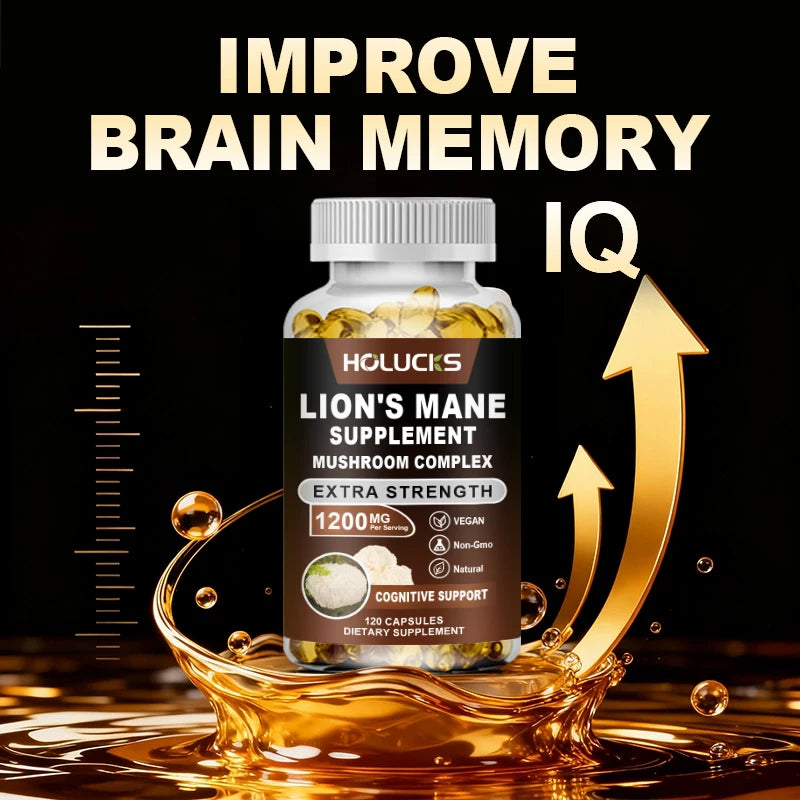 Lion's Mane Mushroom Complex Capsules, for Focus Support & Immune Health, Improve Memory, Protect Brain Nerves, Relieve Stress