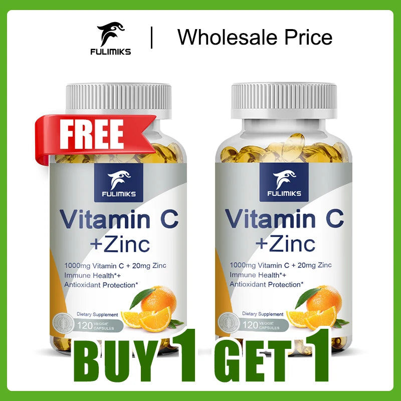 Buy 1 Get 1 Free! Premium Vitamin C + Zinc Supplement, for Wound Healing, Reduces Oxidative Stress & Promotes Clear Skin, Vegan